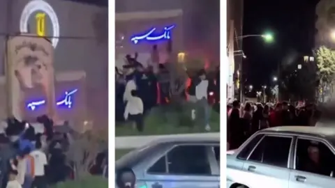 A triptych of a monument being toppled and dancing in the streets of Iran.