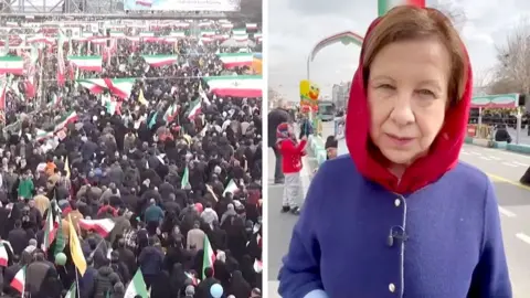 Lyse Doucet in Tehran on right and celebrations on left