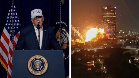 A composite image showing a picture Donald Trump next to a picture of an explosion