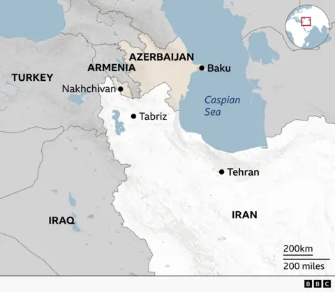 A regional map showing Azerbaijan, Armenia, Iran, Turkey and Iraq. Azerbaijan is highlighted. Major cities marked include Baku, Tabriz and Tehran in Iran and Nakhchivan city