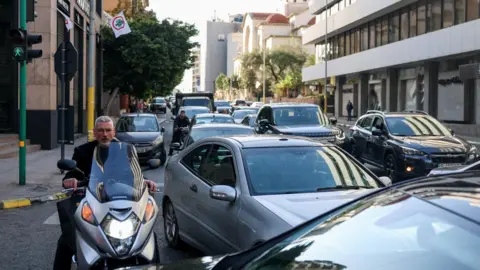 Reuters A traffic jam on a street in Beirut, Lebanon, following an evacuation order for the city's southern suburbs (5 March 2026)