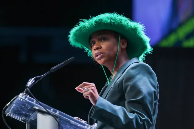 Worcester MA - State Attny General Andrea Campbell speaks at the Massachusetts Democratic Convention at the DCU Center June 1, 2024 in Worcester Massachusetts. (Photo by Reba Saldanha/Boston Herald)